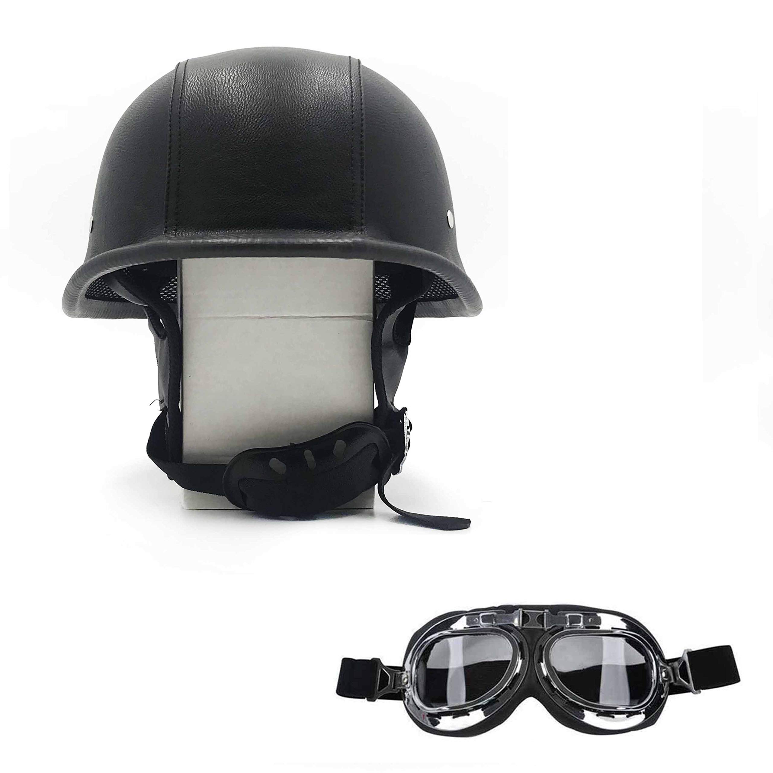 HTTMT MT506-002-L- DOT German Black Leather Motorcycle Half Face Helmet Biker Pilot Goggles Size L