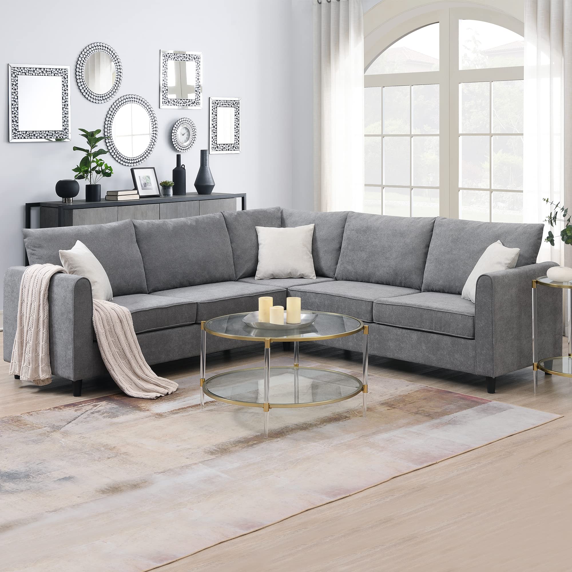 SZUBEE 8888" L Shaped Sectional Sofa Living Room Furniture Deep Button Tufted Velvet Upholstered Rolled Arm Classic Chesterfield 3 Pillows Included, Gray