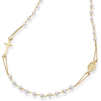          Miabella 18K Gold Over Sterling Silver Handmade Italian White Cultured Freshwater Pearl Ball Beaded Sideways Rosary Cross Necklace for Women Teen Girls, 925 Italy        
