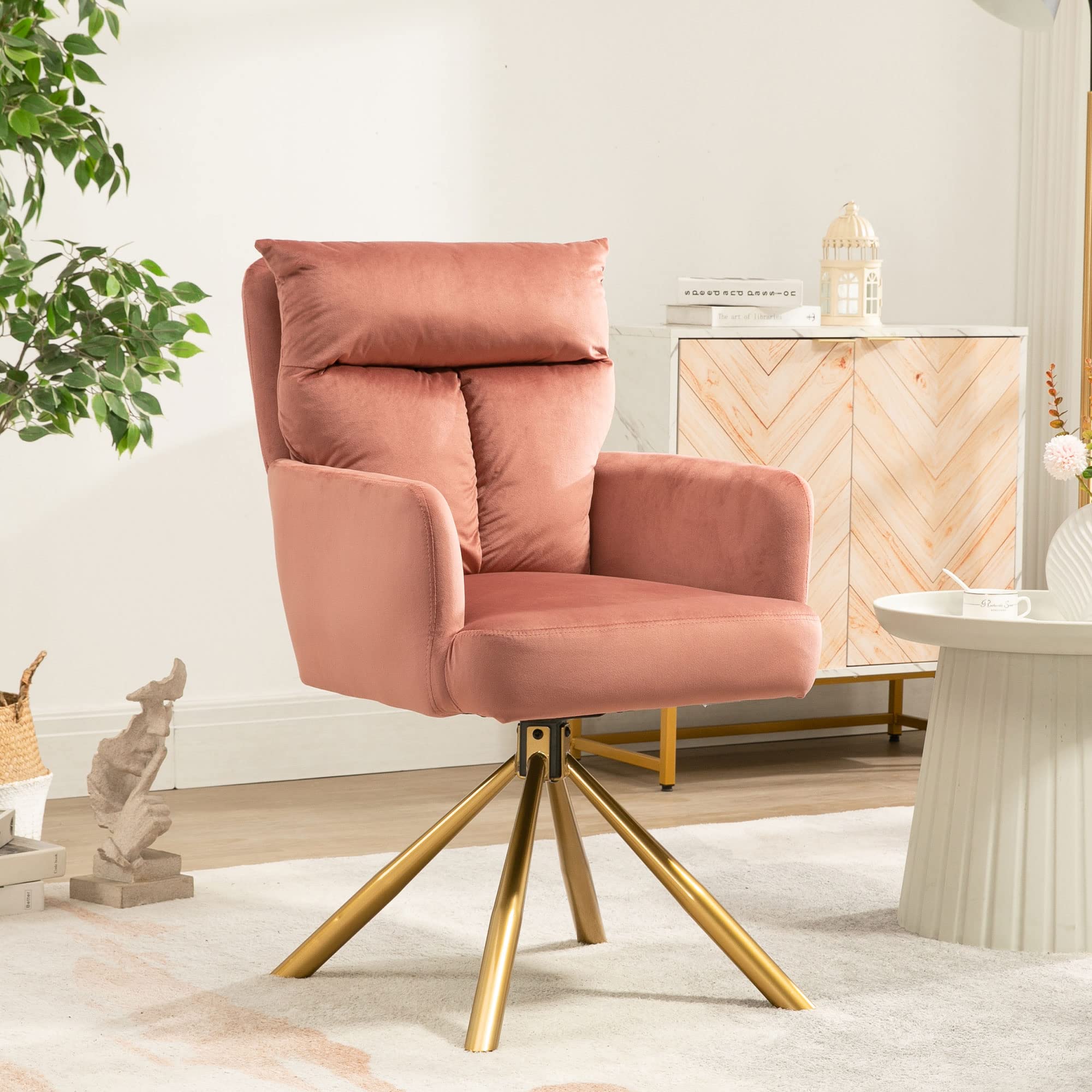 NORDICANA 180° Swivel Velvet Living Room Chair Modern Armchair with Golden Legs Ergonomic Upholstered Accent Chair Single Sofa for Bedroom Reading Home Office, Rose Pink