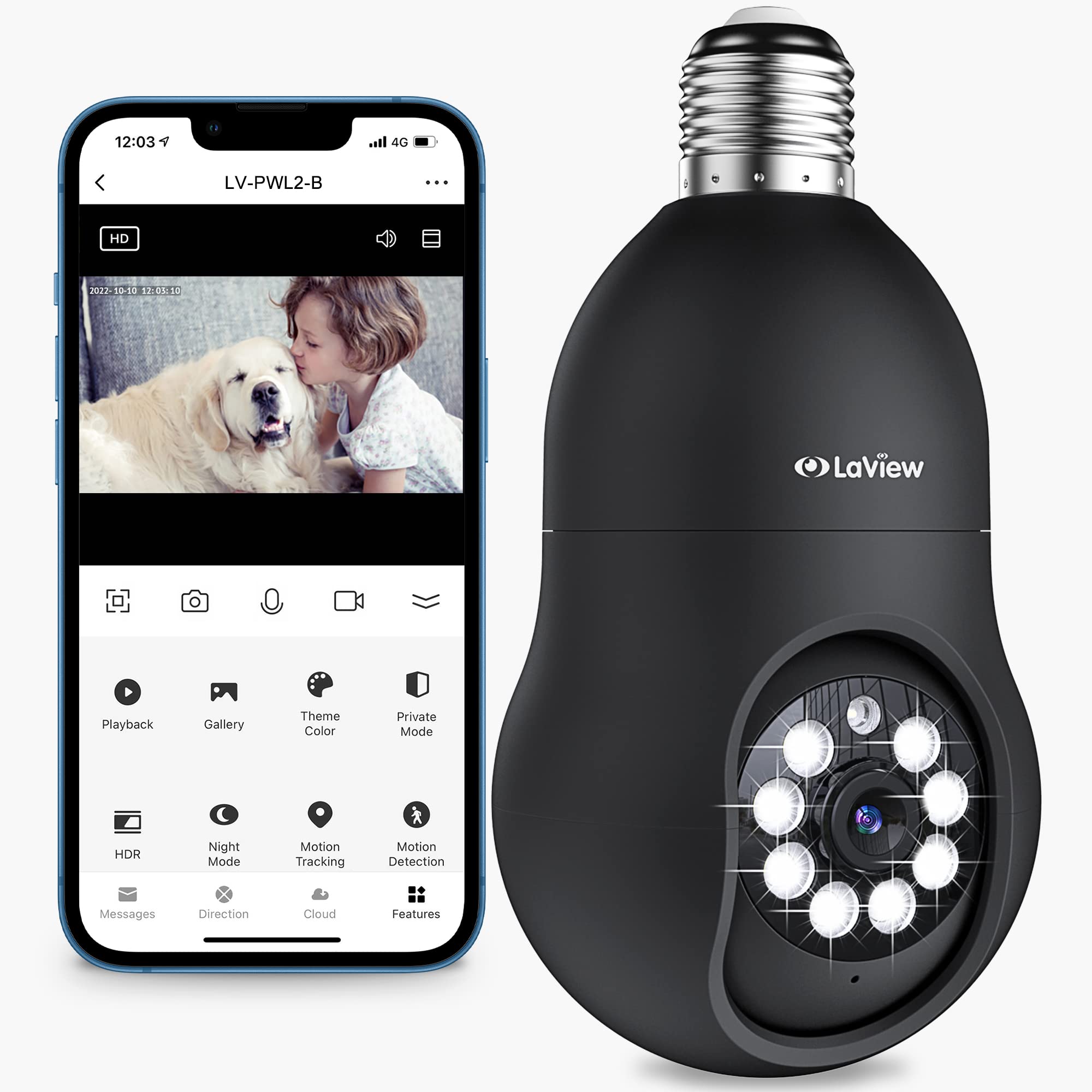 LaView 4MP Bulb Security Camera 2.4GHz, 360° 2K Security Cameras Wireless Outdoor Indoor Full Color Day and Night, Motion Detection, Audible Alarm, Easy Installation, Compatible with Alexa（Black）