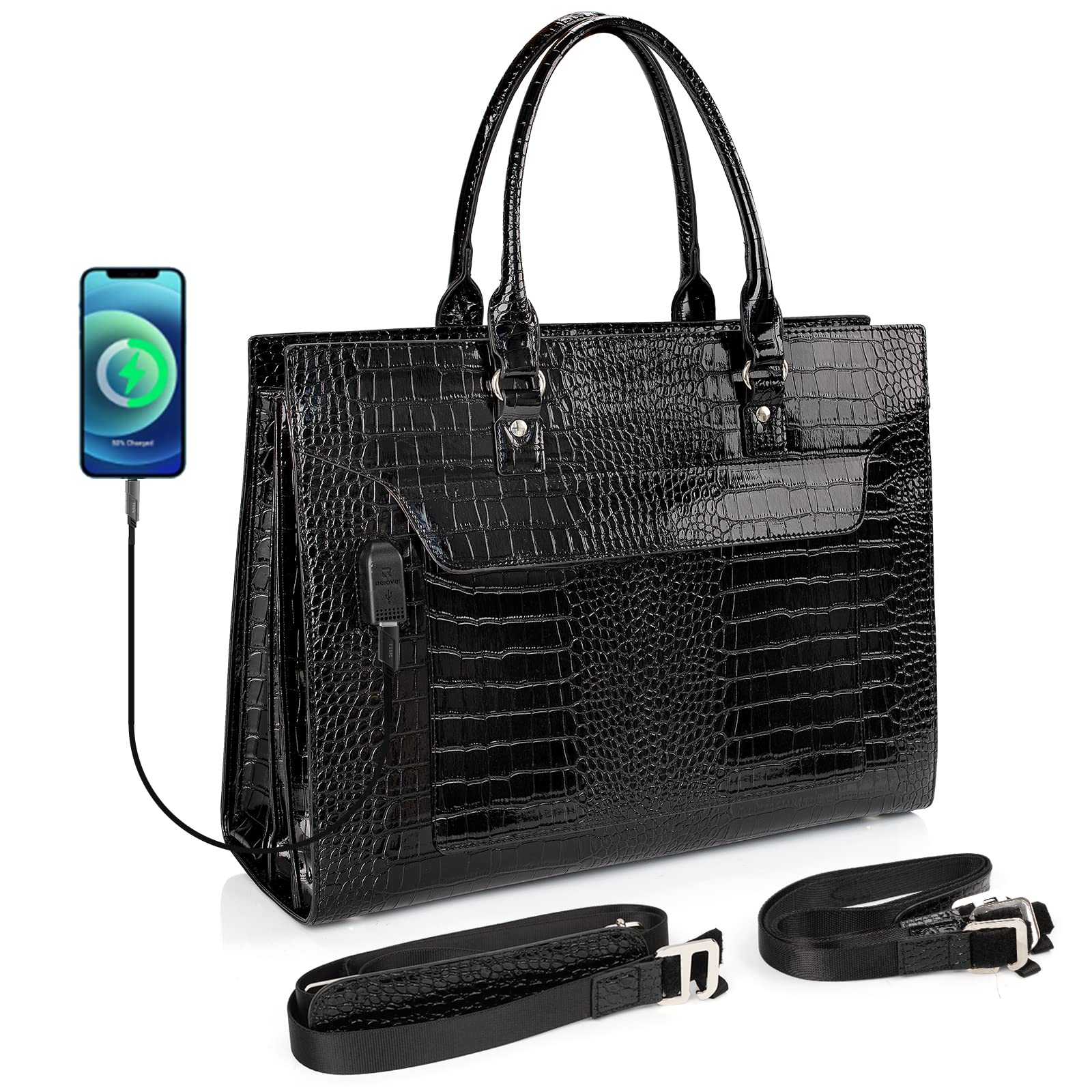 Laptop Bag for Women, 17 Inch Laptop Tote Bag, Fashion Computer Shoulder Bag, Waterproof Leather Teacher Handbag with USB Port, Large Capacity Crossbody Bag Business Office Briefcase Work Bag Black