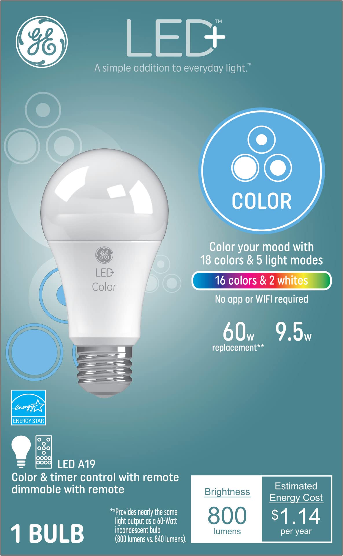 GE LED+ Color Changing Light Bulbs, 18 Colors & 5 Light Modes, No App or Wi-Fi Required, Remote Included, A19 Light Bulb (1 Pack)