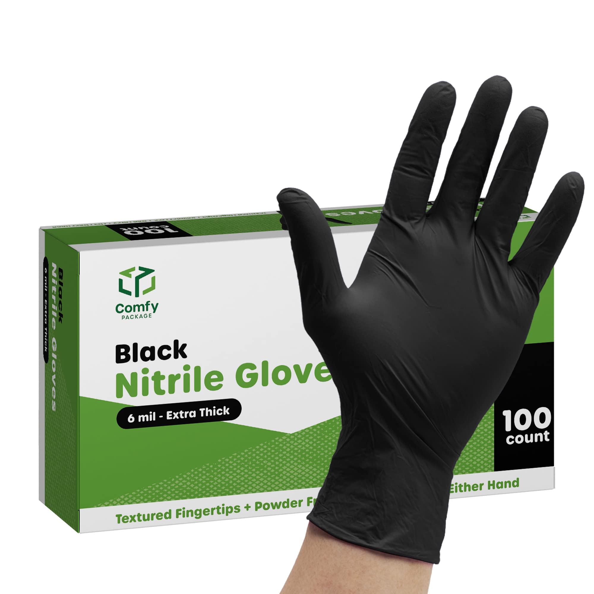 [100 Count] Black Nitrile Disposable Gloves 6 Mil. Chemical Resistance, Latex & Powder Free, Textured Fingertips Gloves