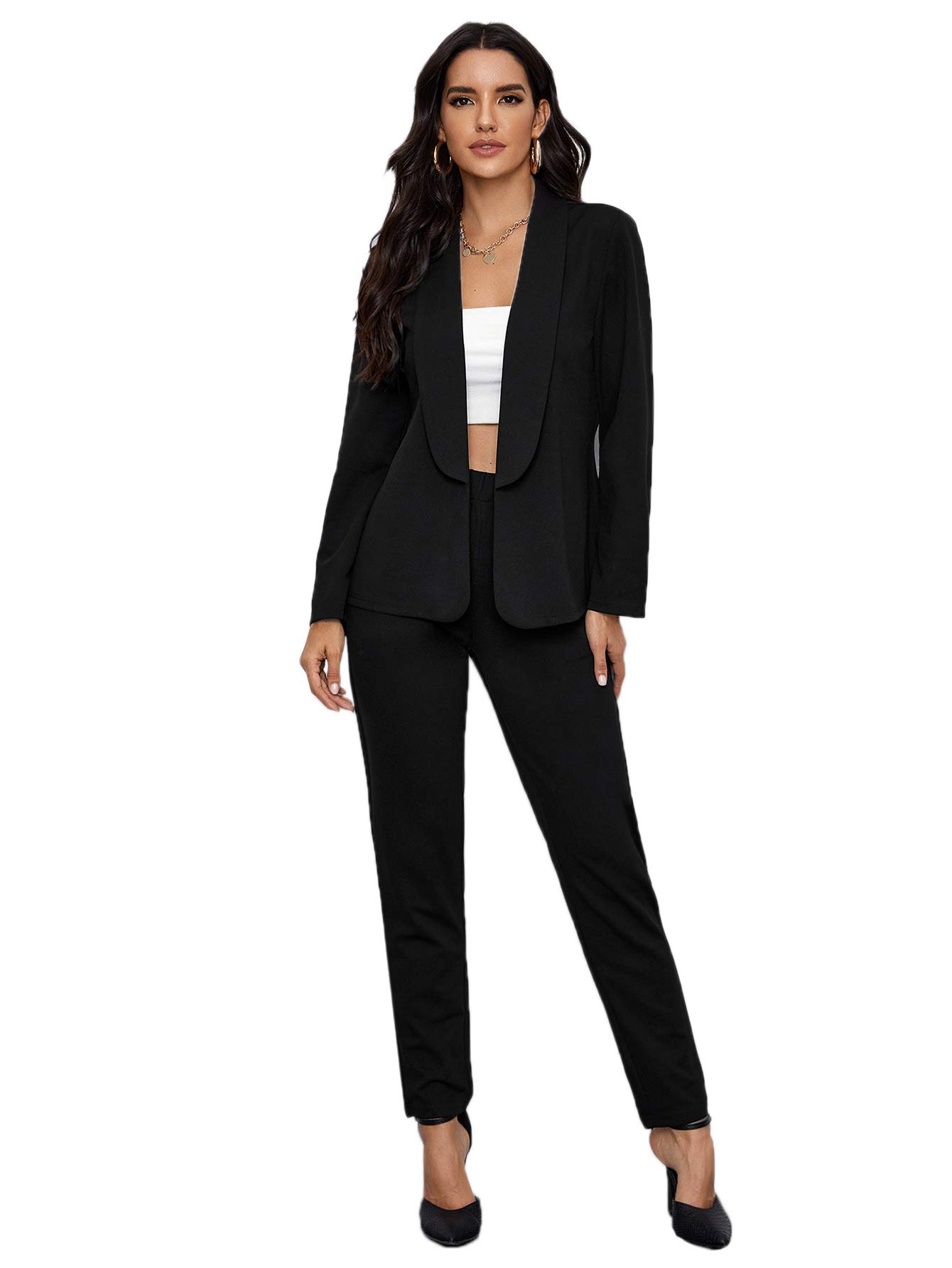 Women's Open Front Solid Blazer Two Piece Slant Pocket Pants Set Outfits