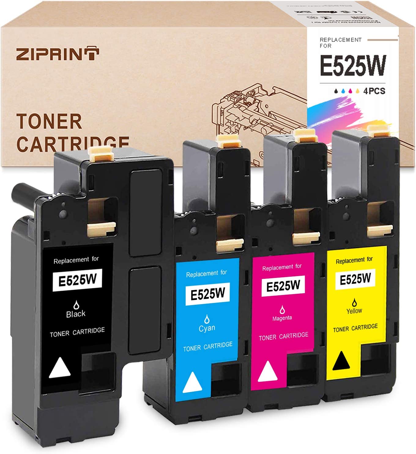         ZIPRINT Compatible Toner Cartridge Replacement for Dell E525W 525 E525 525w to use with Dell E525W Color Laser Printer (Black 593-BBJX, Cyan 593-BBJU, Magenta 593-BBJV, Yellow 593-BBJW, 4-Pack