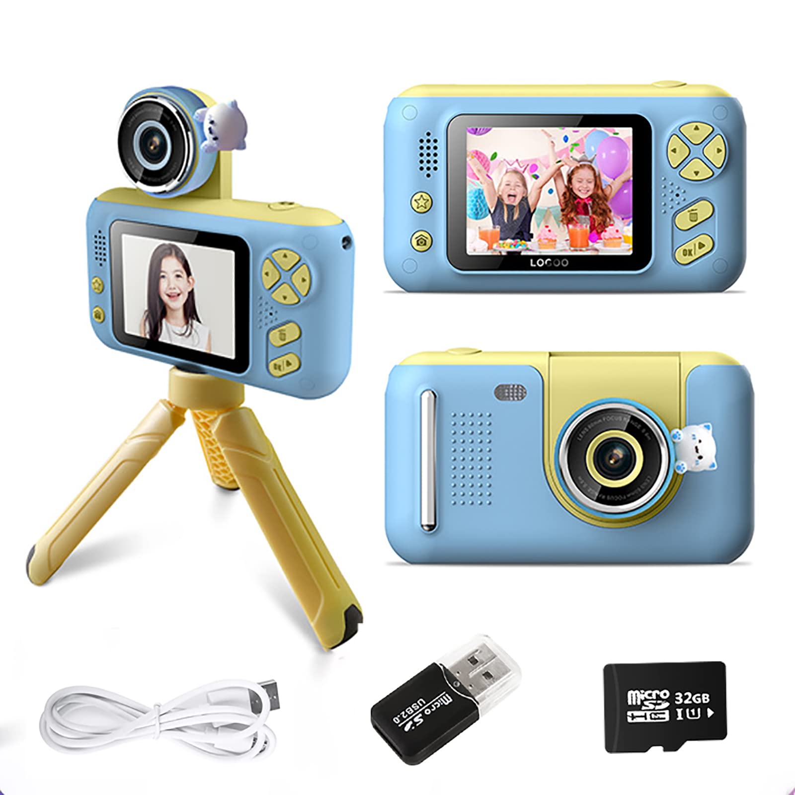 Kids Digital Camera with Flip Lens，Kids self-Camera Toy with 32GB SD Card and Bracket，Kids Digital Camera for Boys and Girls,for 3 4 5 6 7 8 9 Children's Toy