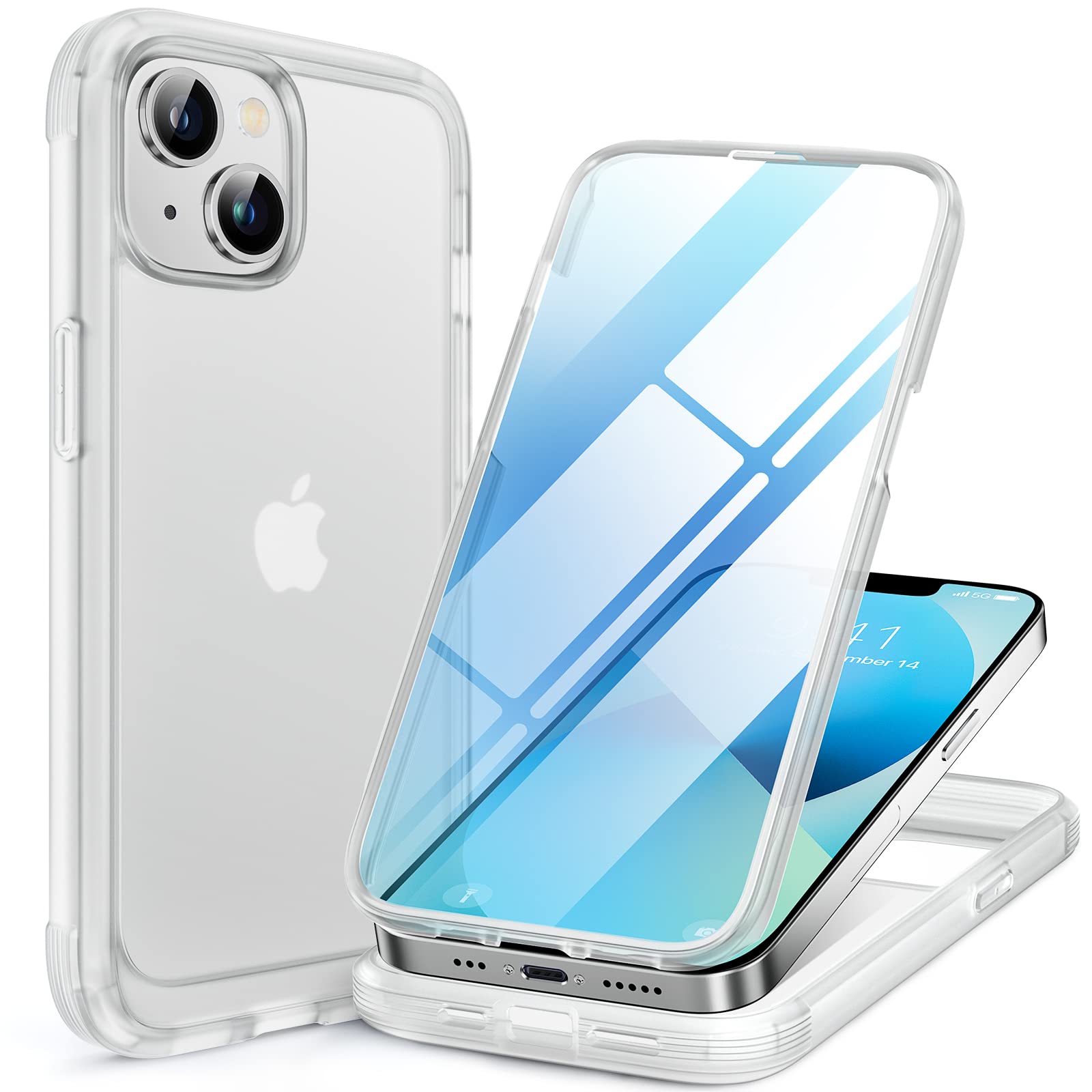 Miracase Compatible with iPhone 13 case 6.1 inch, 2022 New Full-Body Glass Clear Case Bumper Case with Built-in 9H Tempered Glass Screen Protector for iPhone 13, Matte Clear