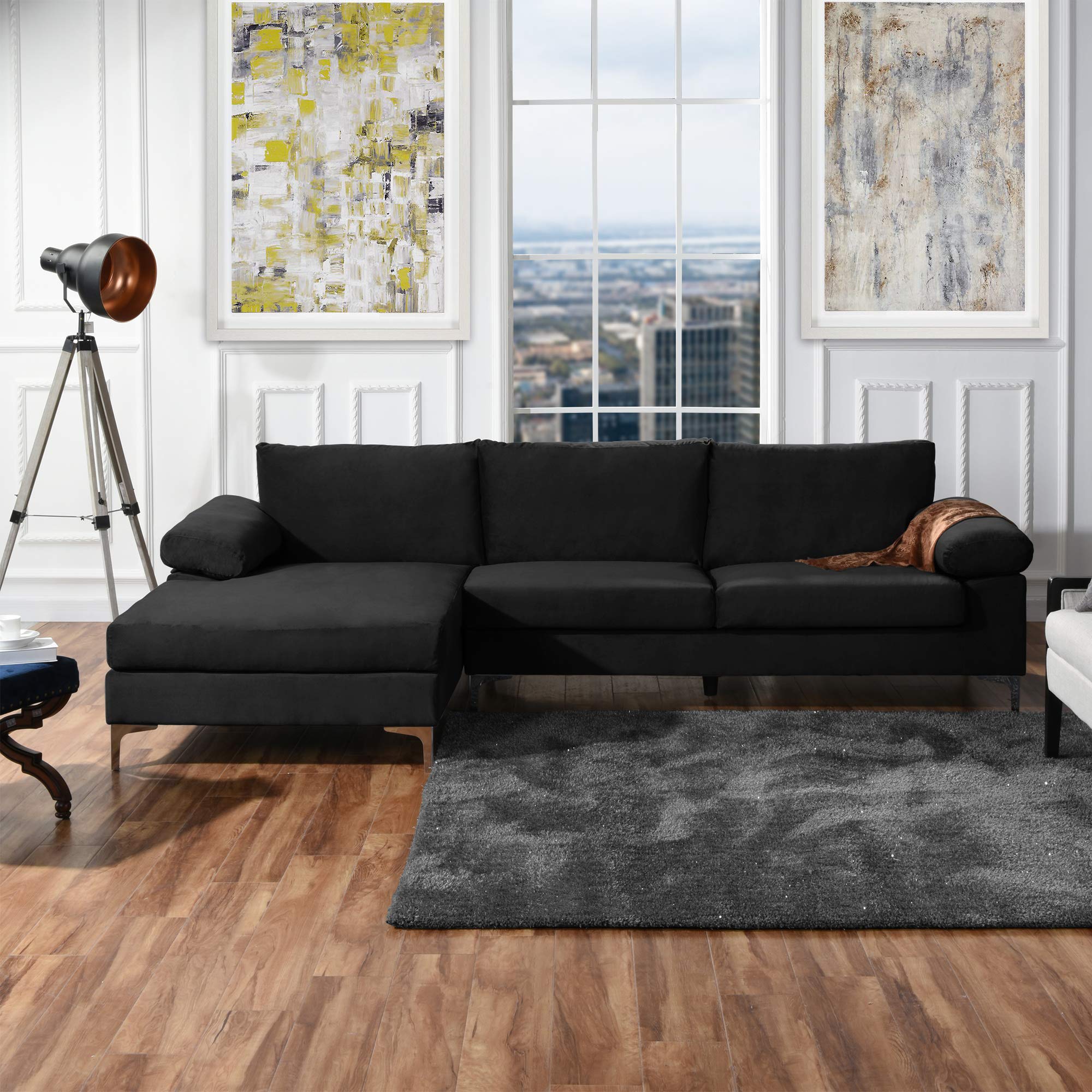 Casa Andrea Milano Modern Large Velvet L-Shape Sectional Sofa, with Extra Wide Chaise Lounge Couch, Black