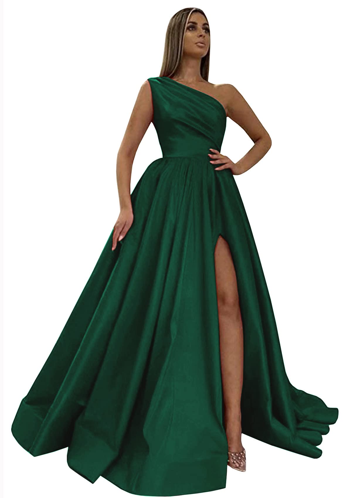Women's One Shoulder Satin Prom Dresses with Slit Pockets Ball Gown Long Formal Evening Party Dress