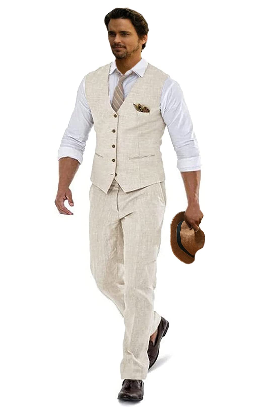 Linen Suits for Men Casual Wedding Suits Men 2 Piece Suits Groomsmen Tuxedos Summer Beach Prom Vest and Pants Set