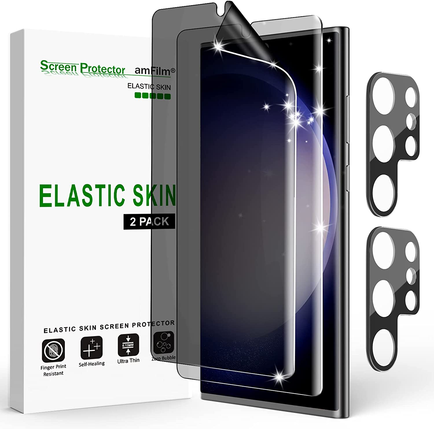         amFilm (2 Pack Compatible with Samsung Galaxy S23 Ultra Privacy Screen Protector Elastic Skin for 5G 6.8 inch, Fingerprint ID Compatible, with Easy Installation Tool, TPU Film Full Coverage   