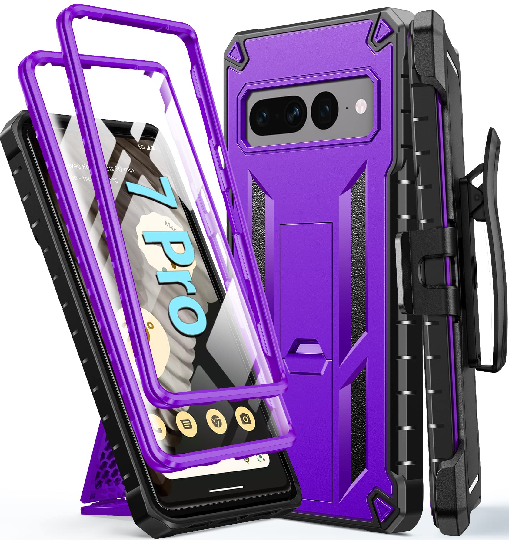 for Google Pixel 7-Pro Phone Case: Rugged Shockproof Protective Holster Clip & Kickstand Case with Built-in Screen Protector | Tough Dual Layer Heavy Duty Protection Cell Phone Cover (Black Purple)