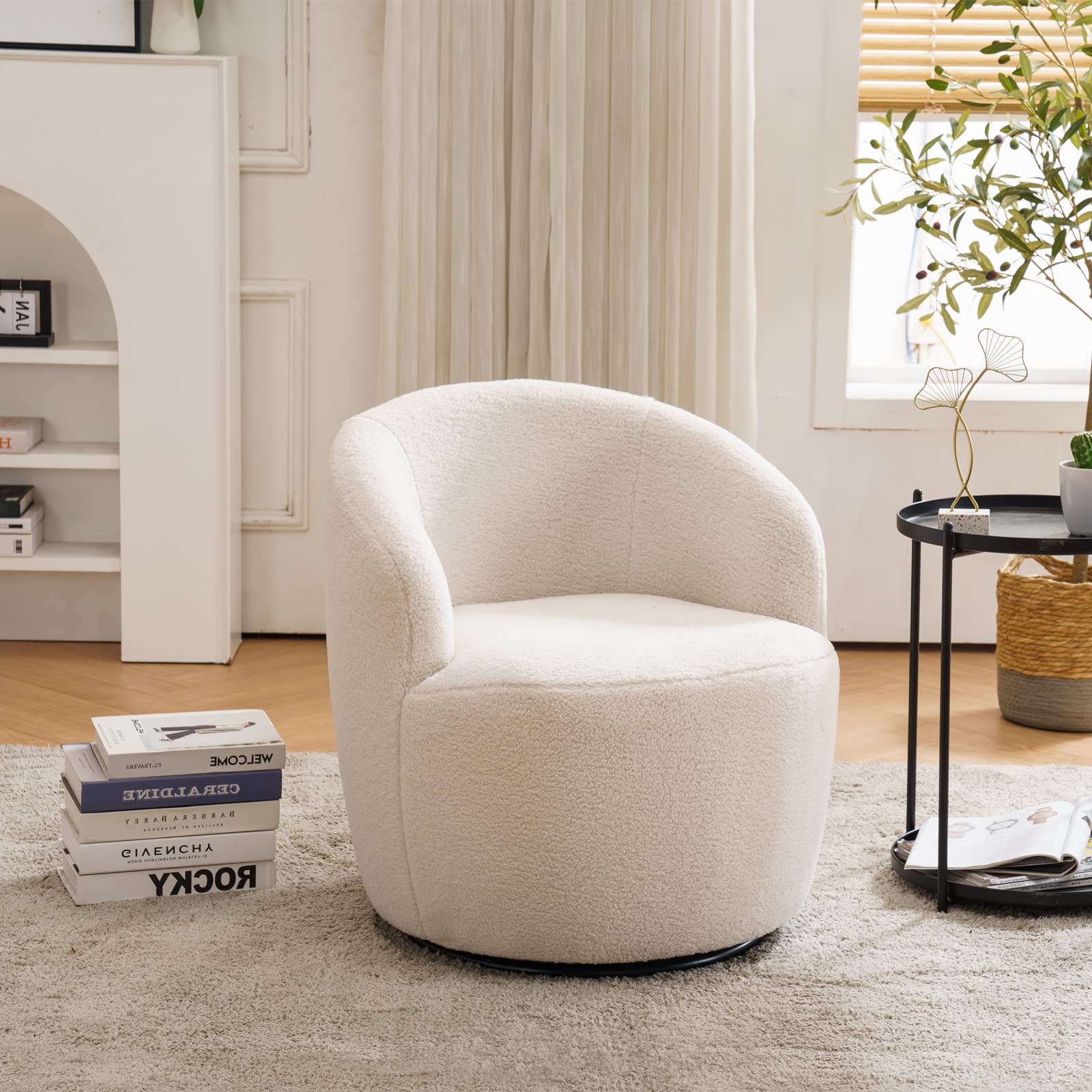 KIVENJAJA Swivel Barrel Chair, Teddy Sherpa Upholstered Modern Round Accent Arm Chairs, 360 Degree Swivel Single Sofa Armchair for Nursery Living Room Bedroom, Ivory