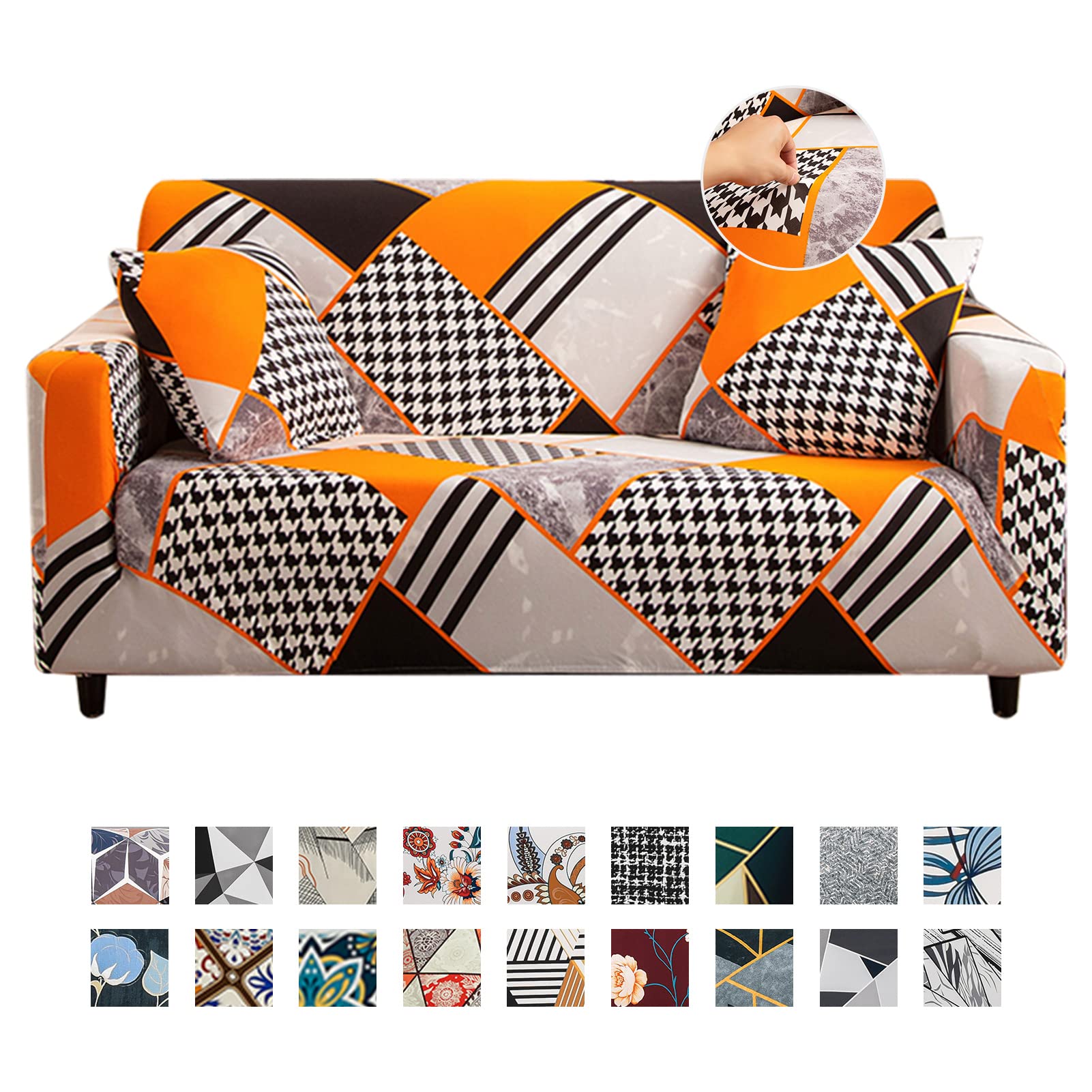 JOYDREAM 1 Piece Stretch Sofa Covers for 3 Cushion Couches Printed Couch Cover Elastic Sofa Slipcover Universal Couch Slipcovers 3 Seater with 1 Pillowcase (Large, Orange Geometry)
