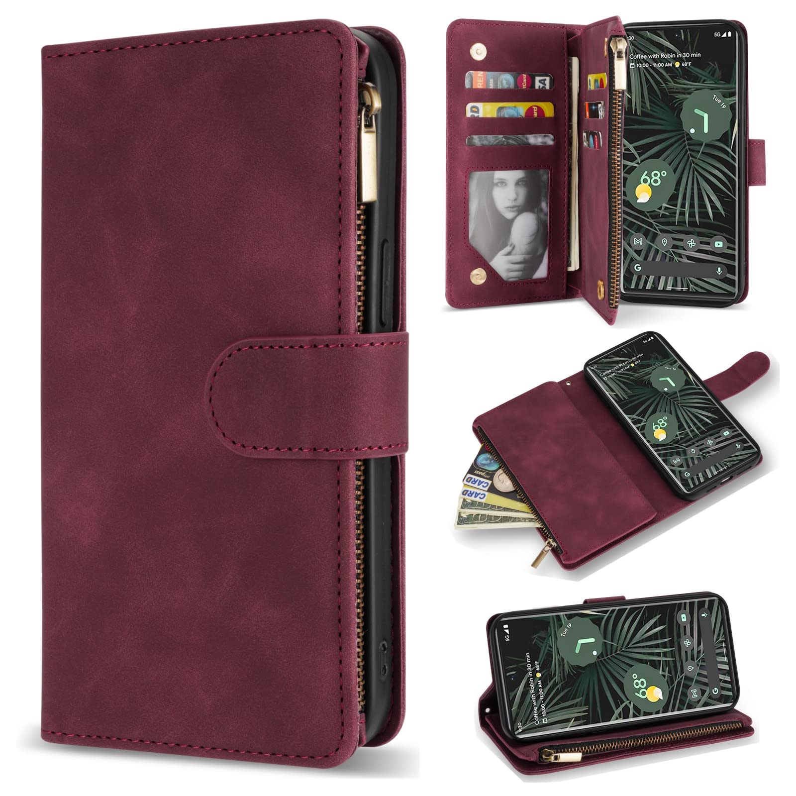 ZZXX Google Pixel 7 Case Wallet with RFID Blocking Card Slot Premium Soft PU Leather Zipper Flip Folio with Wrist Strap Kickstand Protective Cover for Google Pixel 7 Wallet Case(6.3 inch Wine Red)