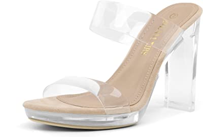 Women's Clear Two Strap Open Toe High Block Chunky Slip on Dress Heel Sandals