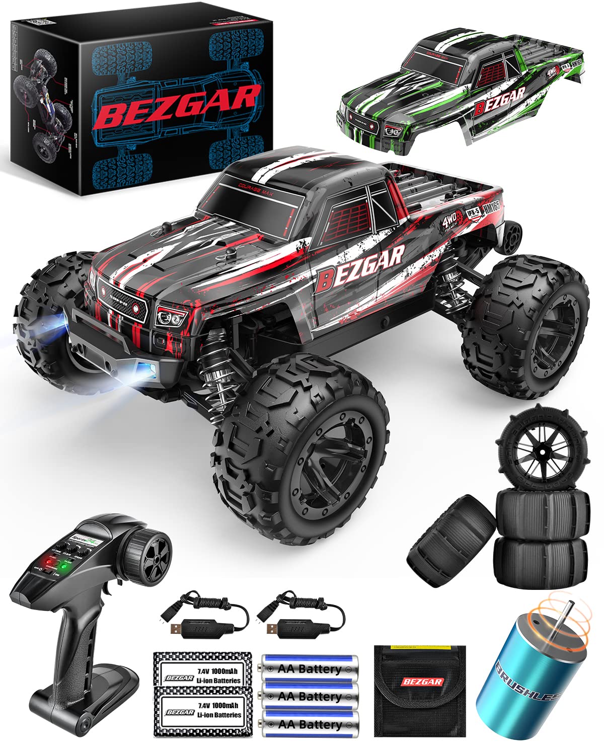 BEZGAR HM165 Brushless Hobby Grade 1:16 Scale Remote Control Truck - 2.4GHz High Speed 52kmh All Terrains Off Road RC Truck 4WD Car Crawler with 2 Rechargeable Batteries for Boys Kids and Adults