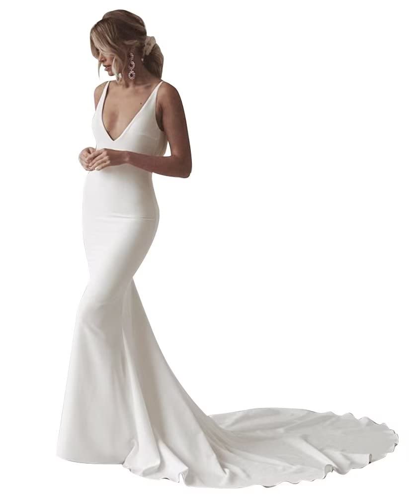 Simple Boho Wedding Dresses for Bride 2023 Mermaid Lace Spaghetti Straps V Neck Beach Bridal Gowns