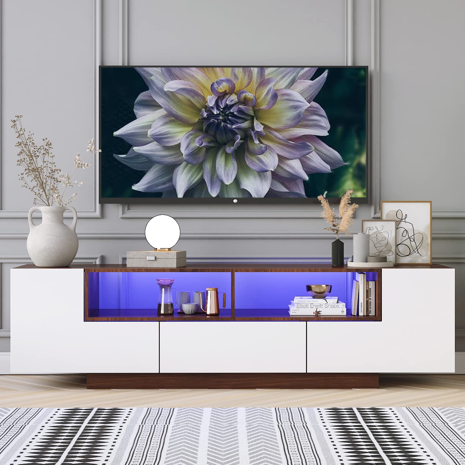 Vinctik 6&Fox 71in LED TV Stand for 65/75 inch TV, Modern High Gloss Entertainment Center with Large Storage Drawer,Bluetooth LED Lights,Wood TV Console for Gaming, Living Room, Bedroom(Walnut)