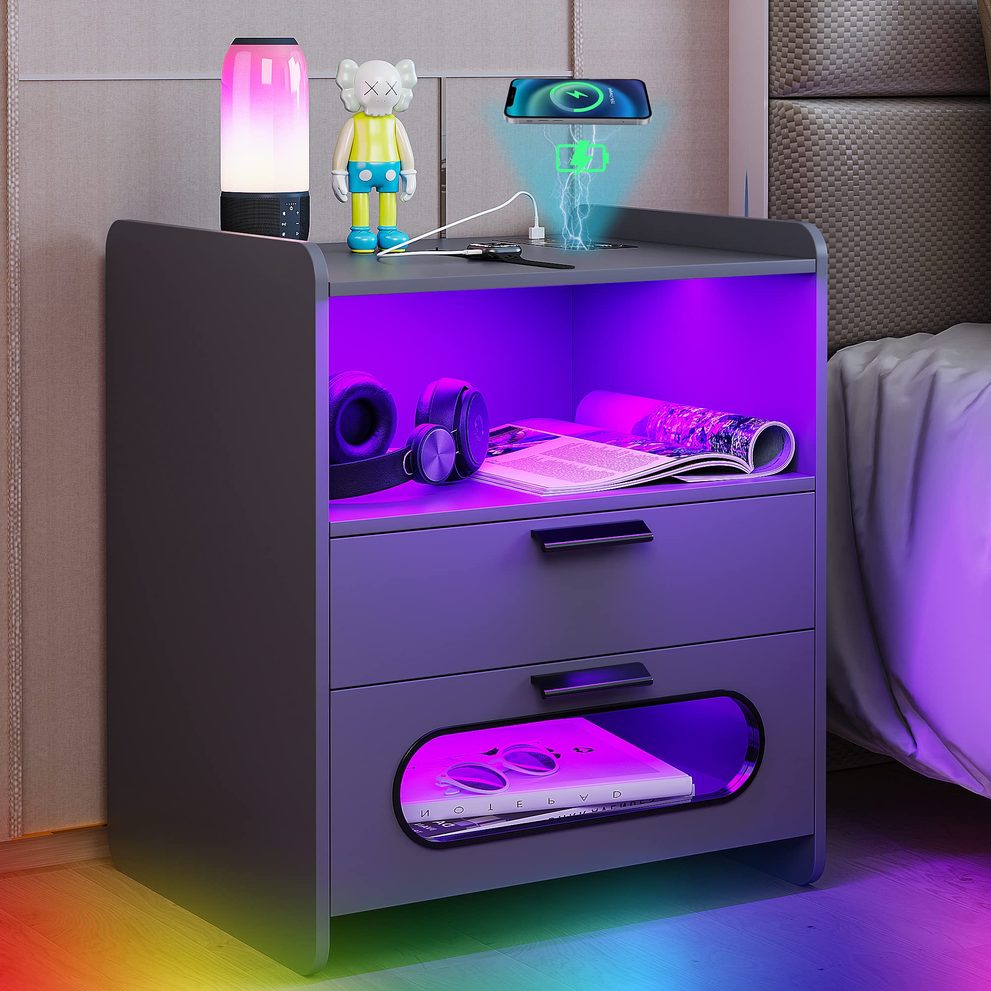Gurexl RGB Nightstand with Wireless Charging Station and USB Ports Auto Sensor LED 20 Color Dimmable for Bedroom Furniture,Modern End Side Bedside Table with Human Body Sensor Function