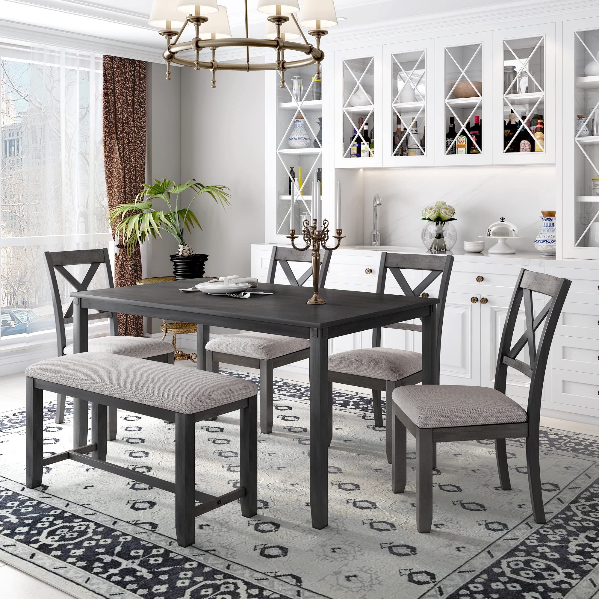 OYN 6-Piece Kitchen Furniture, Wooden Dining Room 4 X-Back Upholstered Chairs and Padded Bench, Rectangular Table Sets for 5-6 Persons Family Meal, Grey