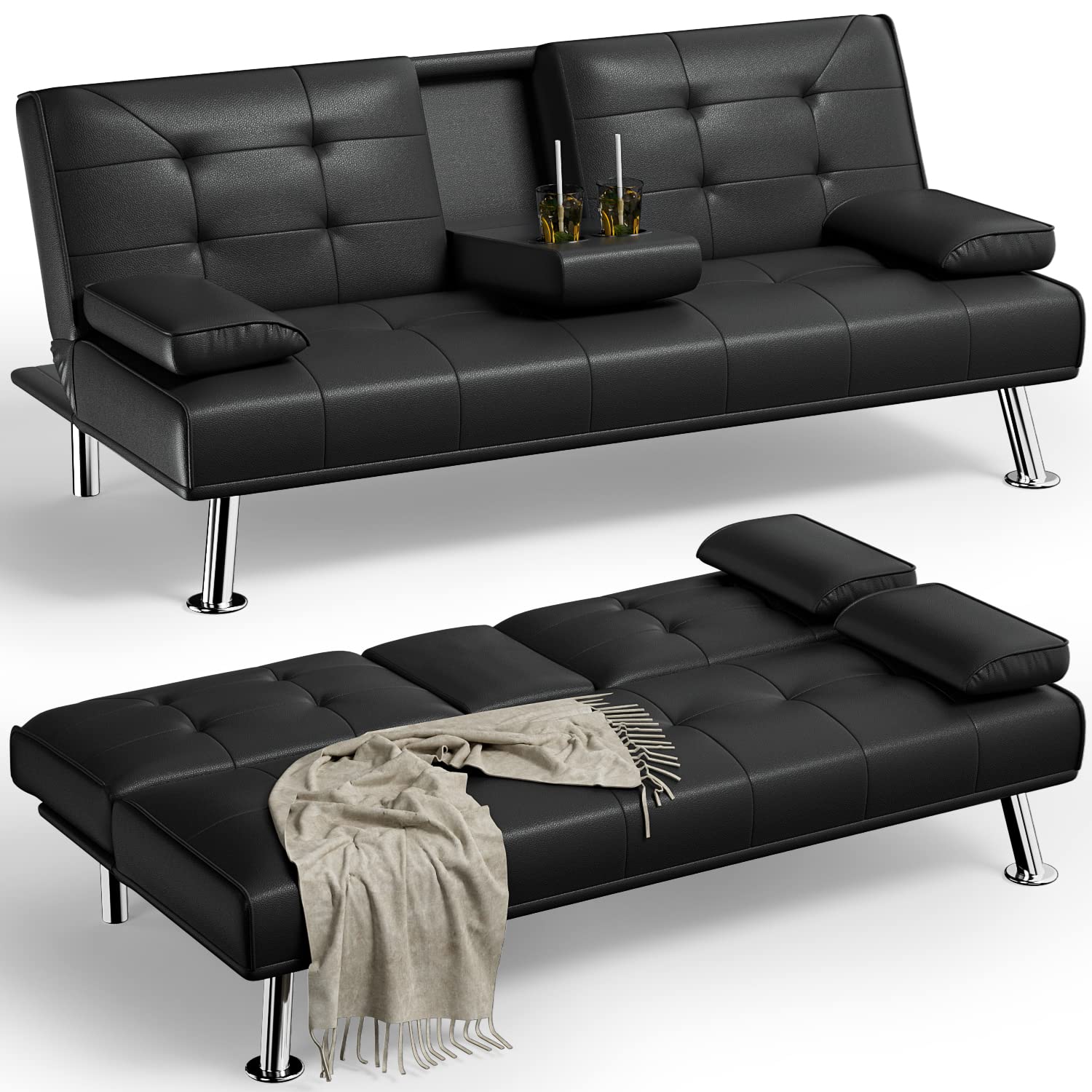 YESHOMY Futon Sofa Bed Modern Faux Leather Convertible Folding Lounge Couch for Living Room with 2 Cup Holders, Removable Soft Armrest and Sturdy Metal Leg, Black