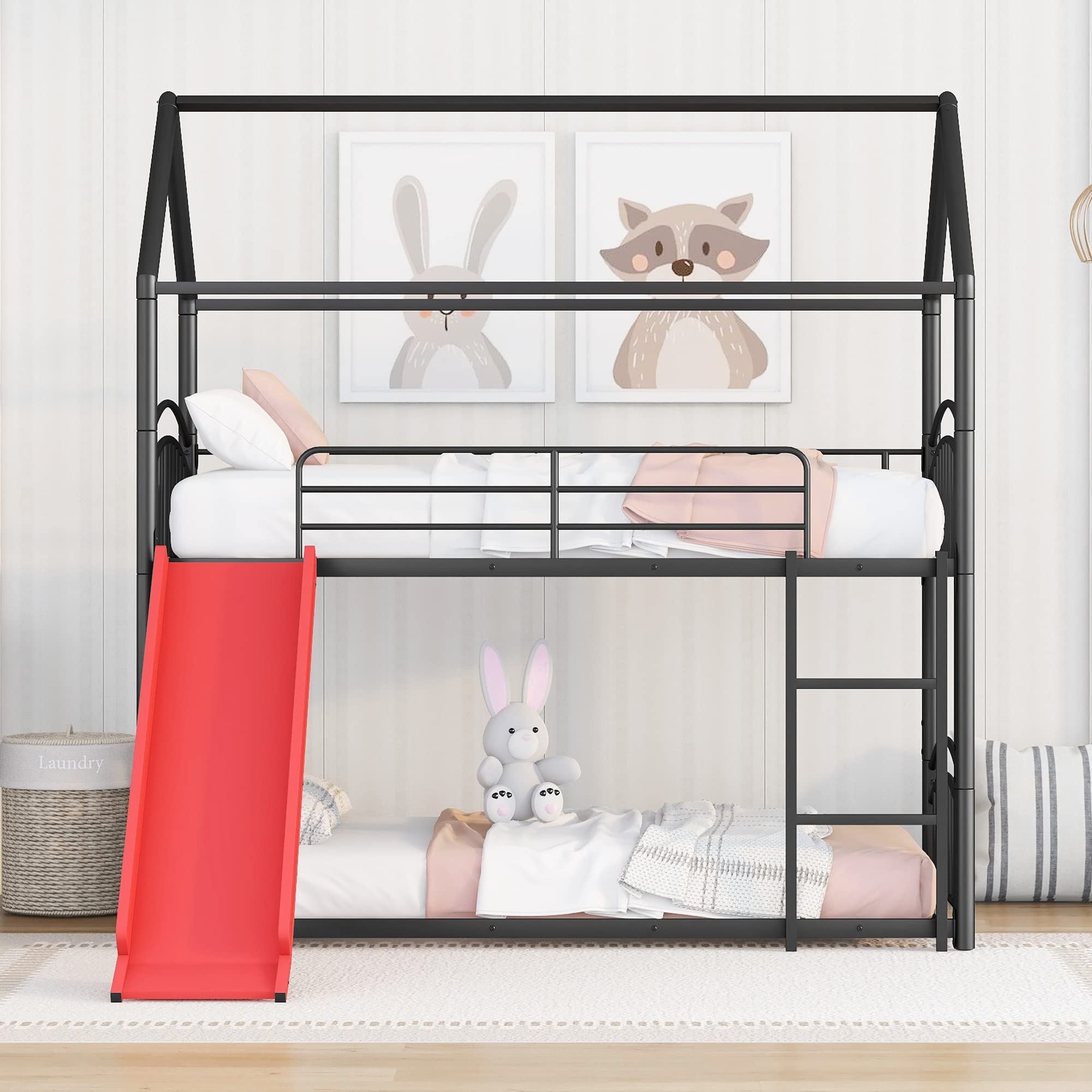 Twin Over Twin Bunk Beds with Convertible Slide for Teens & Kids, Metal Low Bed Frame with Built-in Ladder - Detachable 2 beds, no Box Spring Required, Black+Red