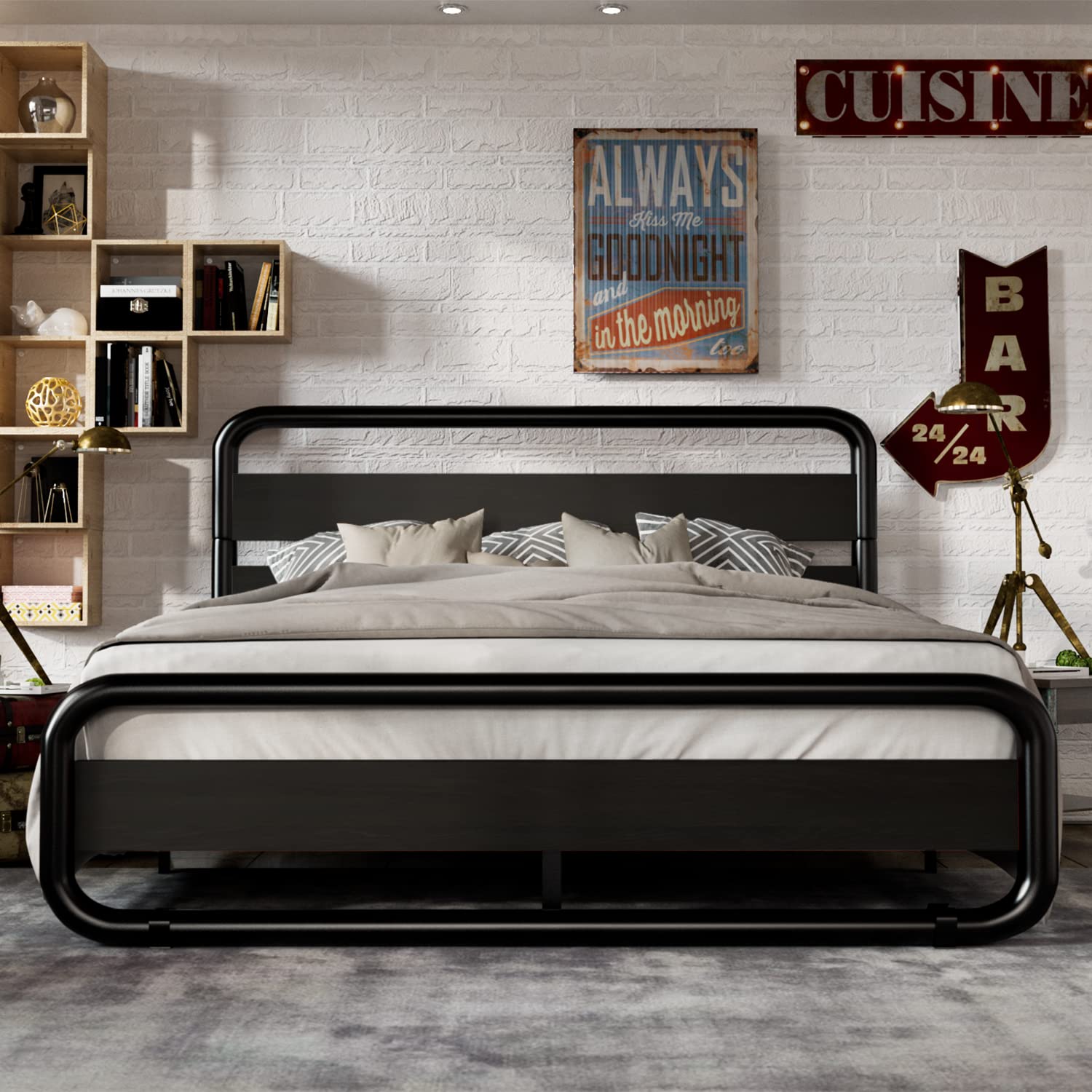 IMUsee Queen Size Metal Bed Frame with Round/Curved Wooden Headboard and Footboard, Platform Bed Frame with Under Bed Storage, Heavy Duty Metal Mattress Foundation, No Box Spring Needed, Modern, Black