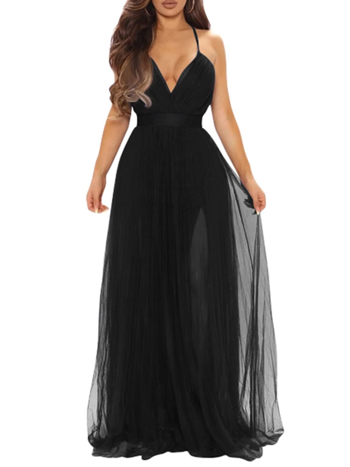 Women's Sexy Deep V Neck Split Cocktail Party Formal Bridesmaid Maxi Dress