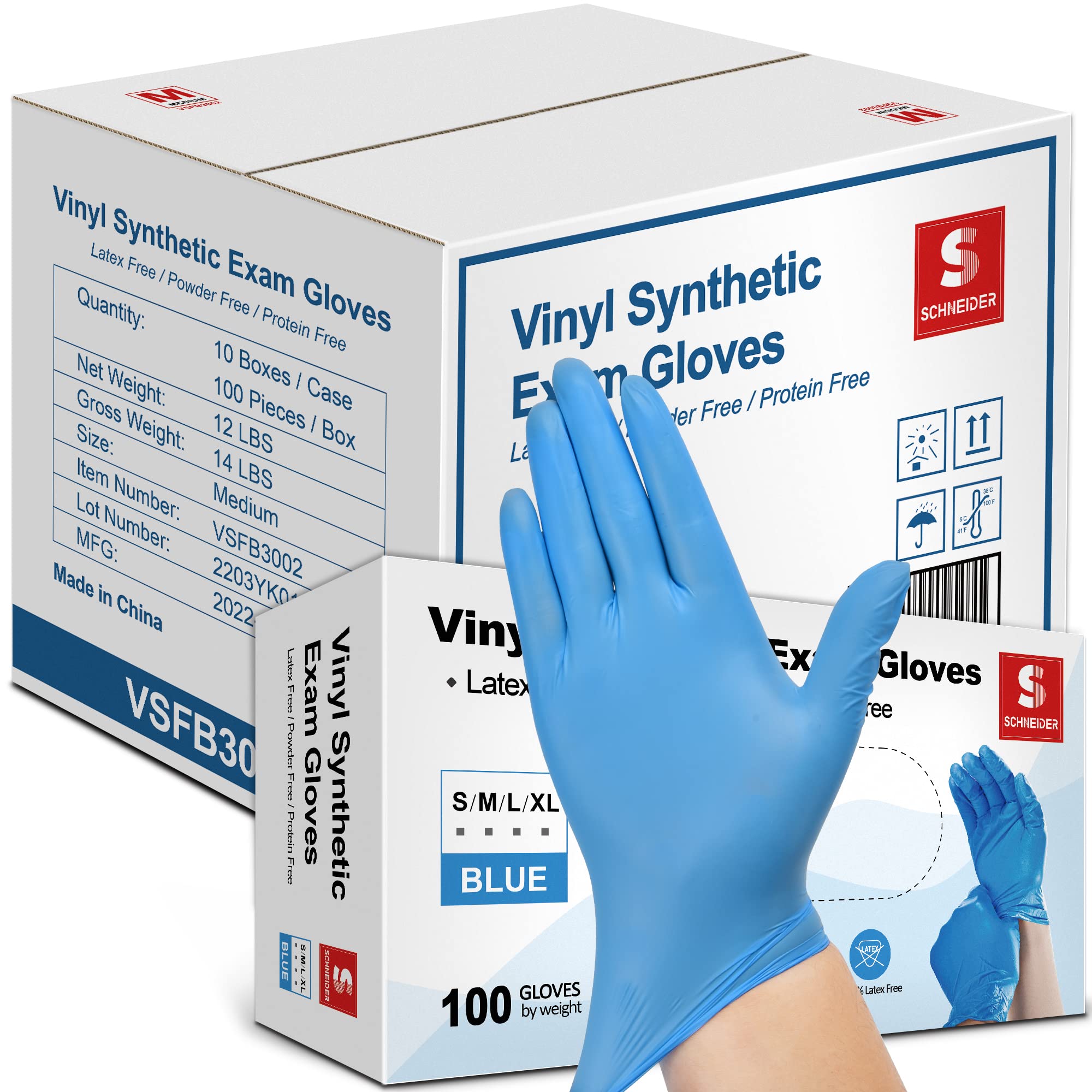 Schneider Vinyl Synthetic Exam Gloves, Blue, 4mil, Powder-Free, Latex-Free, Disposable Glove for Medical, Food Prep, Cleaning
