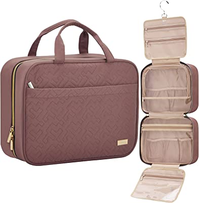 Large Hanging Travel Toiletry Bag, Portable Makeup Organizer, Cosmetic Holder for Brushes Set, Full-Sized Shampoo, Conditioner, Rosewood-Pink