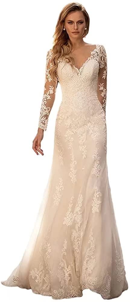 Lace Wedding Dresses for Bride 2022 V Neck Appliques Beaded Straps Bridal Gown for Women