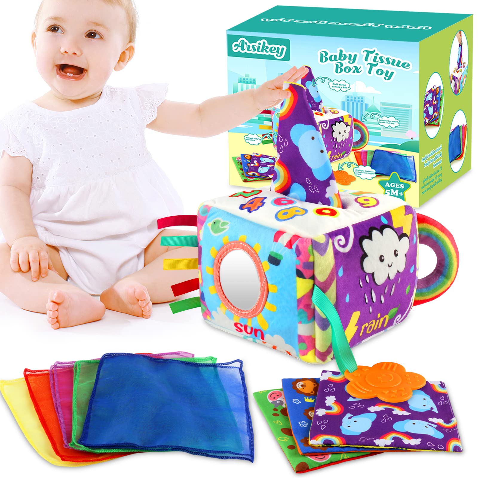 Baby Tissue Box Toy - Magic Montessori Sensory Plush Toys for Babies 6 to 12 Months,with 10 Soft Scarves & 3 Crinkle Paper for Toddler, Infants, Newborns and Kids Early Learning Baby Gifts