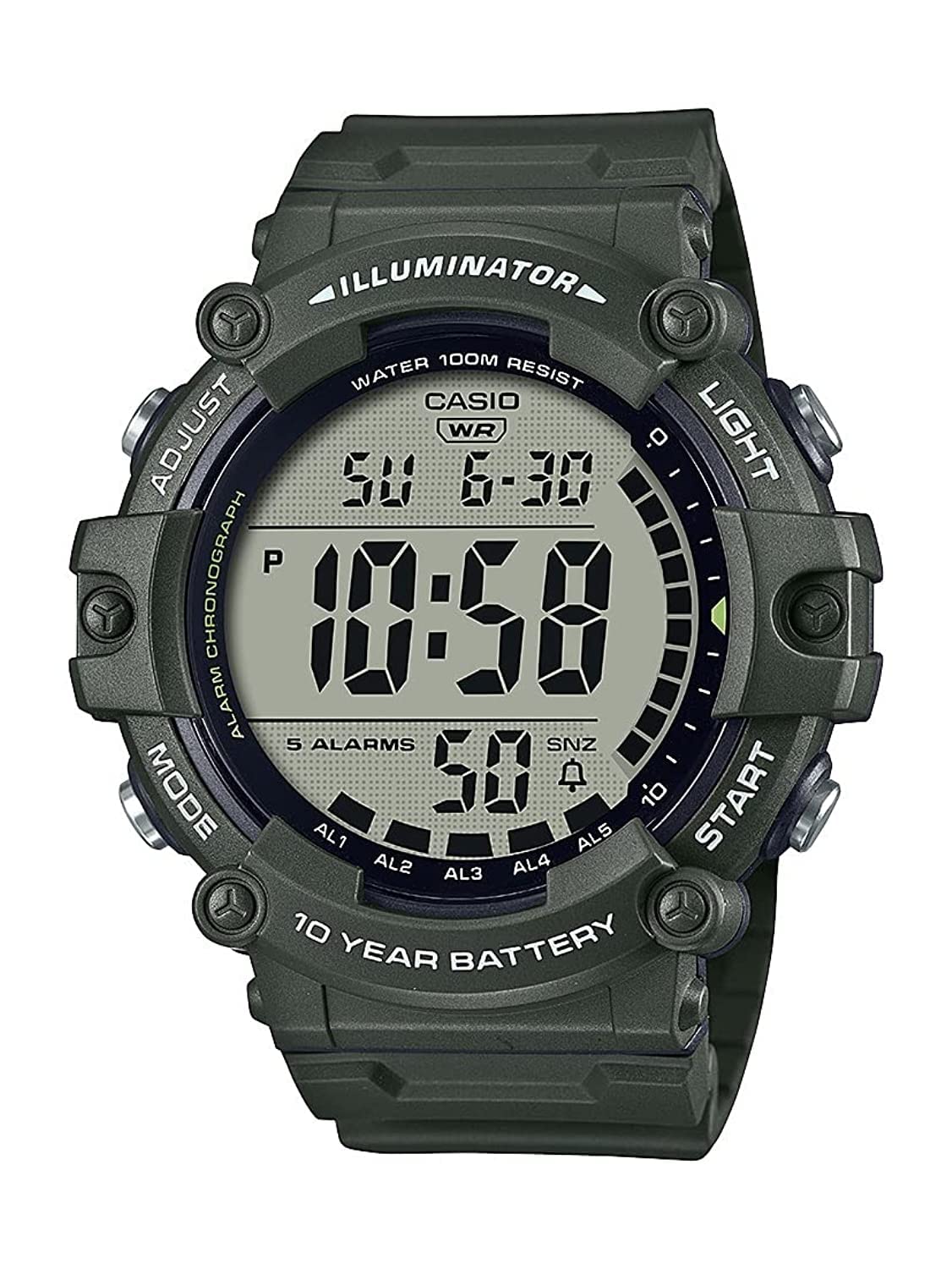 Illuminator 10-Year Battery Extra Long Strap 100 M Water Resistance 5-Alarm w/Countdown Timer Men's Digital Watch, Green, AE-1500WHX-3AVCF