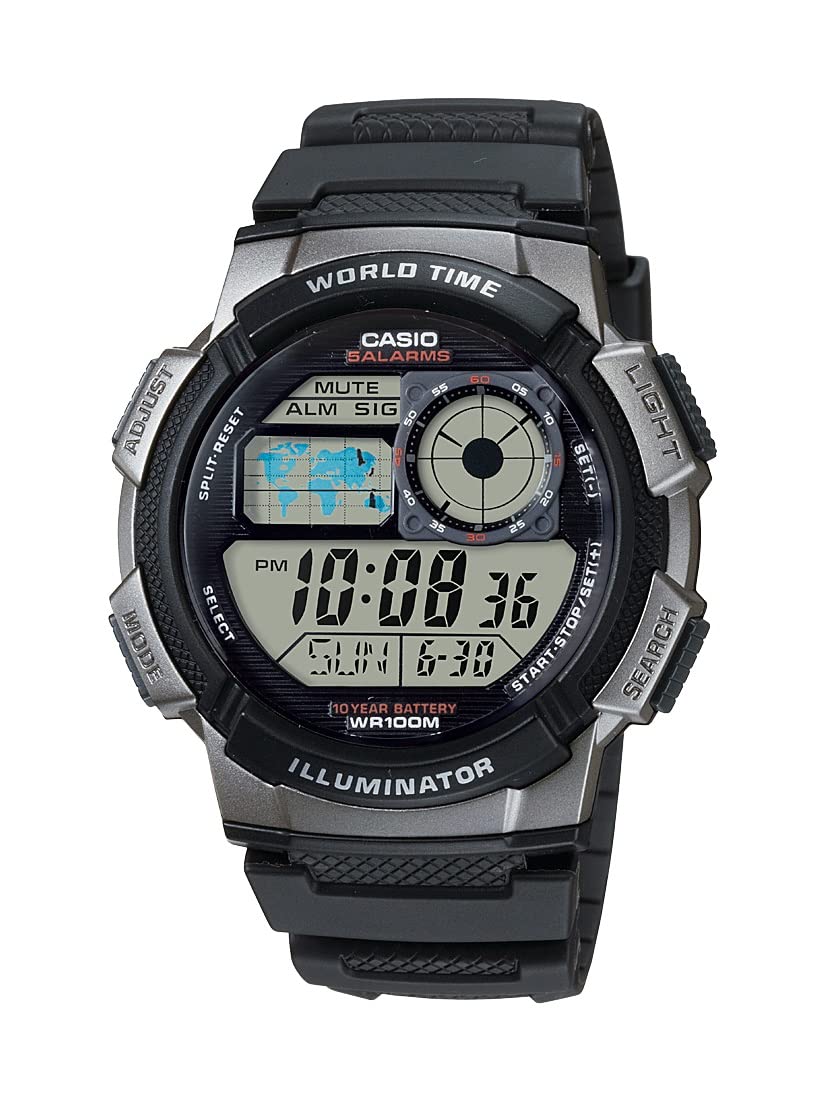 Men's AE1000W-1BVCF Silver-Tone and Black Digital Sport Watch with Black Resin Band