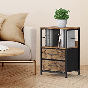          YBING Nightstand for Bedroom End Side Table with 2 Drawers and Open Shelf Wood Industrial Bedside Table with Fabric Storage for Bedroom Living Room Sturdy Dorm Brown        