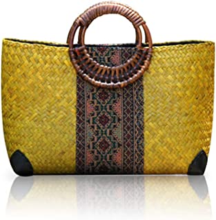Women Summer Retro Straw Bag with Printing Hand-woven Beach Handbag Top Round Handle Boho Tote Bag Shopping and Travel Large Bag (Yellow)