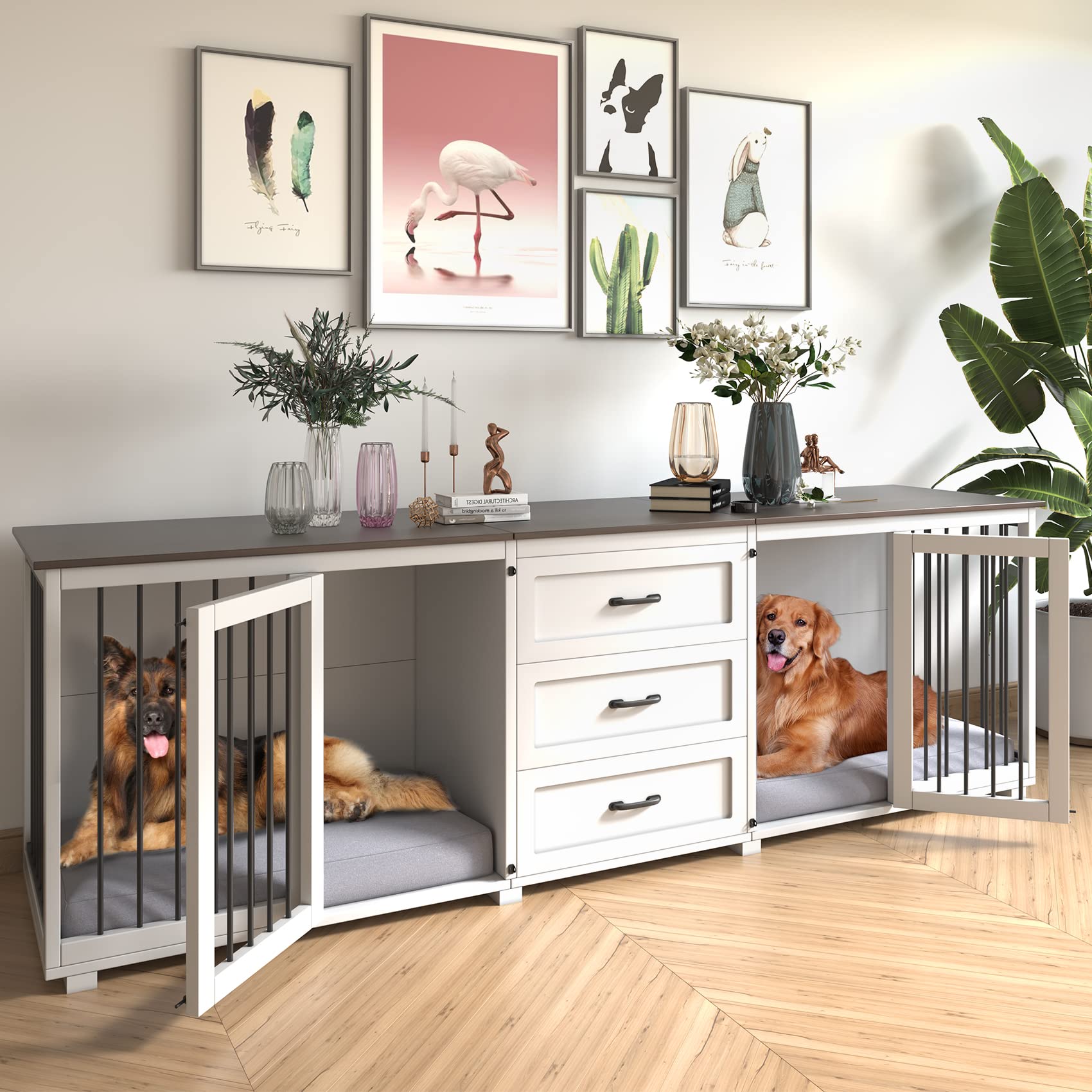 Dog Crate Furniture Indoor - Wooden Dog Kennel with 3 Drawer, Double Doors with Locks,95”x23”x32”H, White