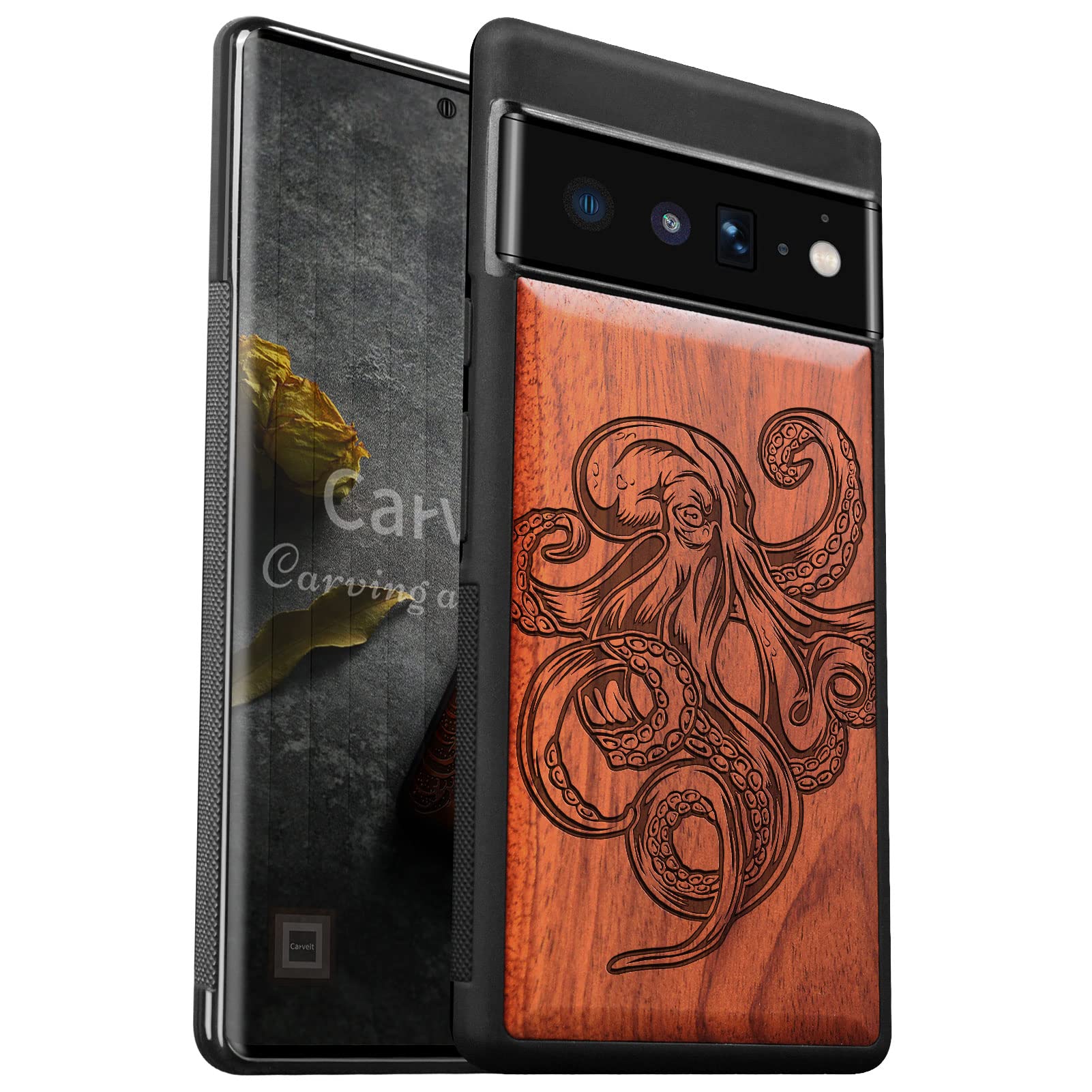 Carveit Wood Case for Pixel 6 Pro Case 2021 [Natural Wood & Black Soft TPU] Shockproof Protective Cover Unique Wooden Case Compatible with Google Pixel 6 Pro Case (Octopus Drawing-Rosewood)