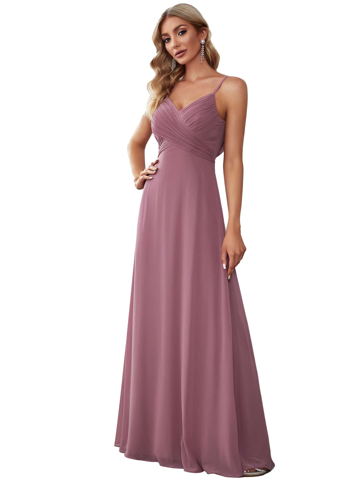 Women's V-Neck Sleeveless Front Ruched Maxi A-Line Wedding Guest Dresses 80026