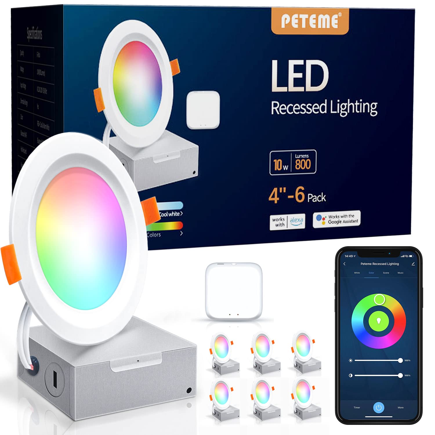 Peteme Smart LED Recessed Lighting 4 Inch, IC Rated - ETL Certified, Ceiling Light RGBCW Dimmable Color Changing Outdoor Soffit Downlight with J-Box Work with Alexa & Google, 10W 800 Lumen, 6 Pack