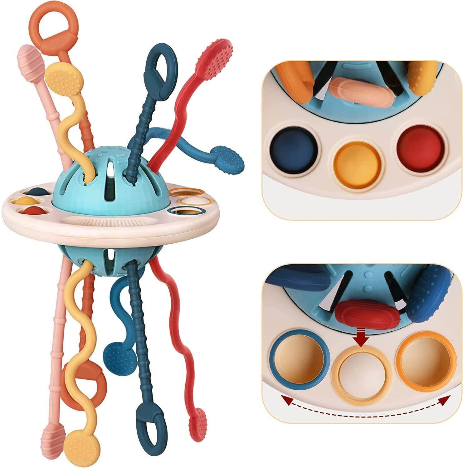Pichoi Montessori Toys for 1 Year Old, Baby Sensory Toy for 6 Months, Silicone Teething Toy for Toddlers 12 Months, UFO Pull String Activity Toddler Bath Toy for Travel, Boys Girl Birthday