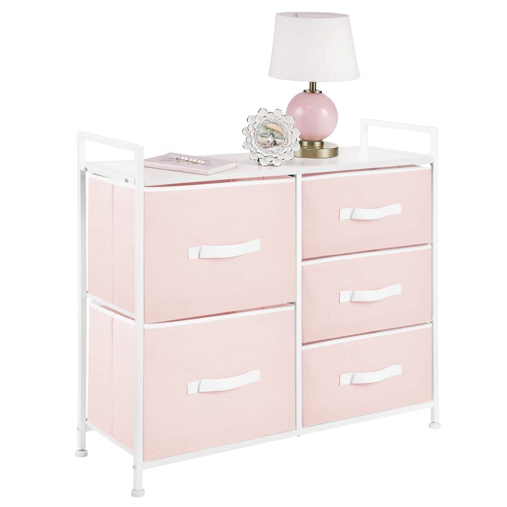 mDesign Storage Dresser Furniture Unit - Large Standing Organizer Chest for Bedroom, Office, Living Room, and Closet - 5 Drawer Removable Fabric Bins - Pink/White