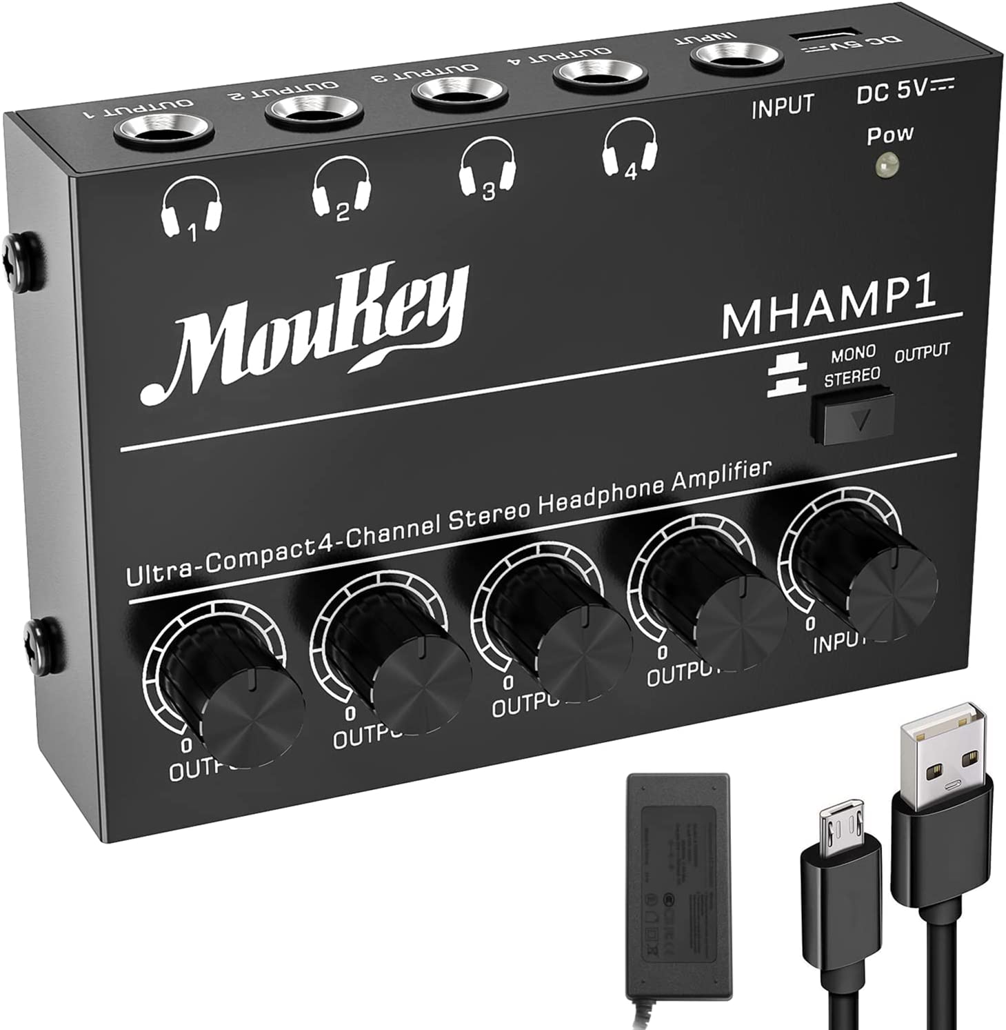         Moukey Headphone Amp Amplifier 4 Channels Metal Stereo Audio Amplifier,Mini Headphone amplifier portable - 4x Quarter Inch Balanced TRS Headphone Output and TRS Audio Input, DC5V Power Supply-