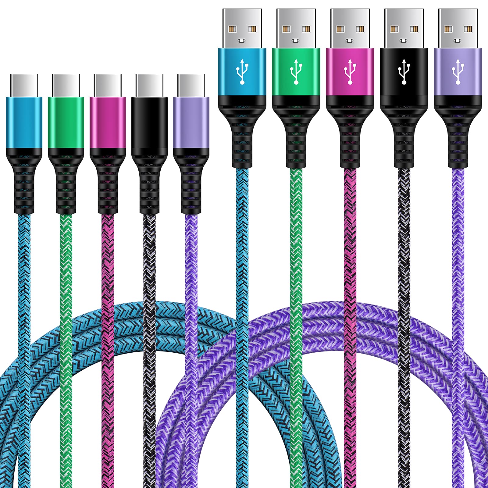 USB C Cord Fast Type C Charging Cable 6FT 5Pack Nylon Phone Charger Cord for Samsung Galaxy A12 A32 A52 S23 S22 S21 A13 5G S20 S10 S9 A51 A71 A20 A21 A01 A50,Moto G Stylus Power,LG V60 K51 Stylo 6/5