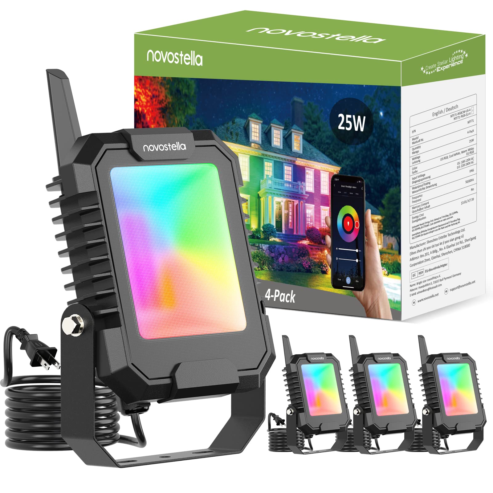 NOVOSTELLA Smart RGB Flood Light 25W Tunable White 2700K-6500K,Outdoor Uplights Floodlights Color Changing Spotlights APP Group Control IP66 Waterproof Strobe Lights for House Events Landscape 4Pcs