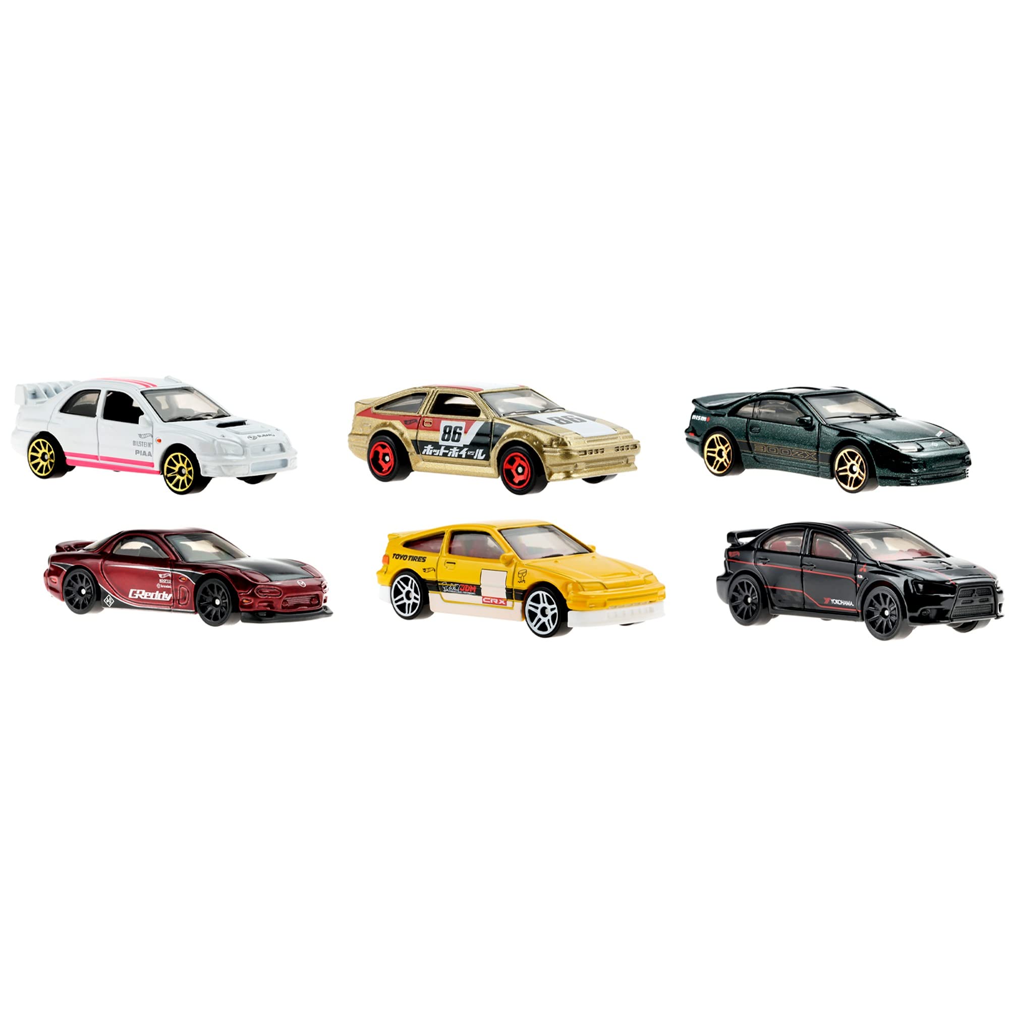 Hot Wheels Japanese Vehicles Themed Multipack of 6 Toy Cars, 1:64 Scale, Authentic Decos, Popular Castings, Rolling Wheels, Gift for Kids 3 Years Old & Up & Collectors