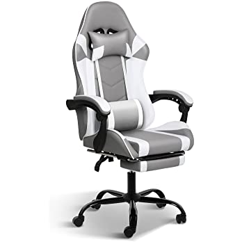          YSSOA Racing Video Backrest and Seat Height Recliner Gaming Office High Back Computer Ergonomic Adjustable Swivel Chair with Headrest and Lumbar Support, with footrest,400lb Capacity, Grey/Wh
