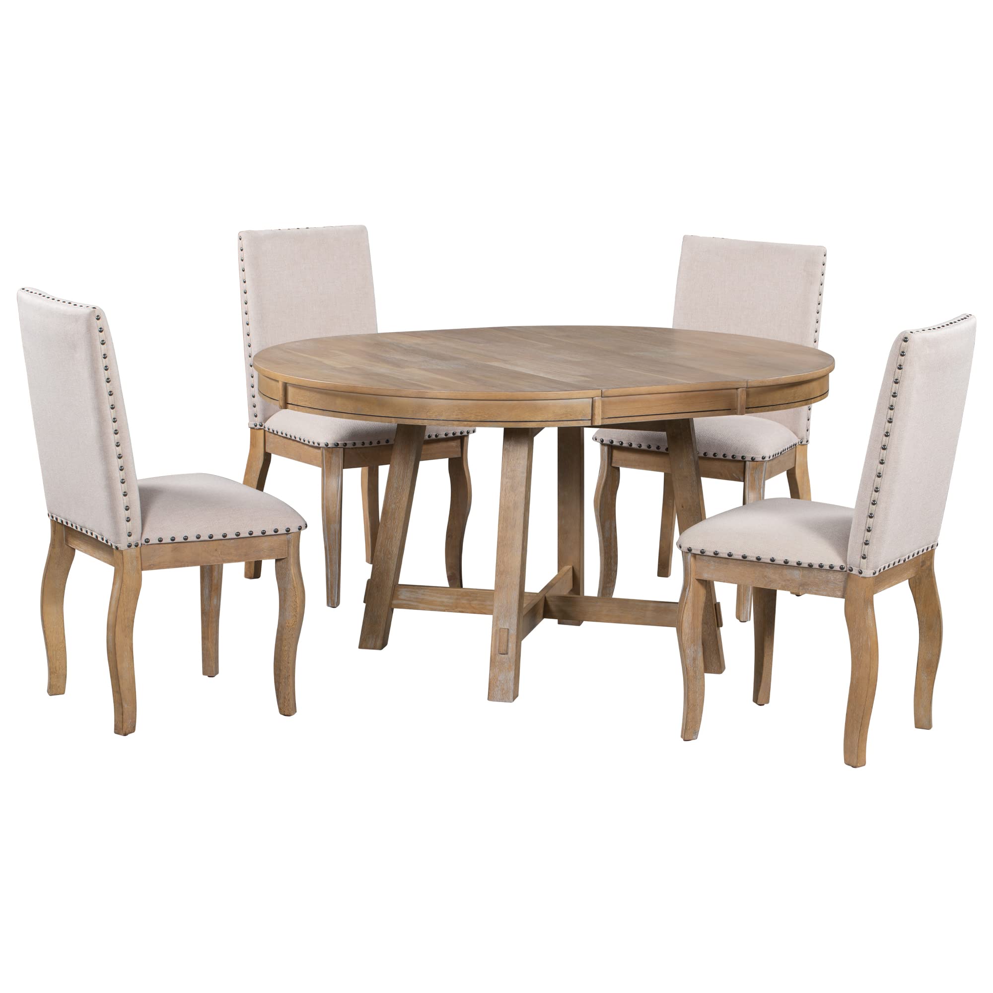 Merax 5-Piece Farmhouse Wooden Round Extendable Dining Table Set with 4 Upholstered Chairs, Family Kitchen Furniture, Natural Wood Wash_5Pcs